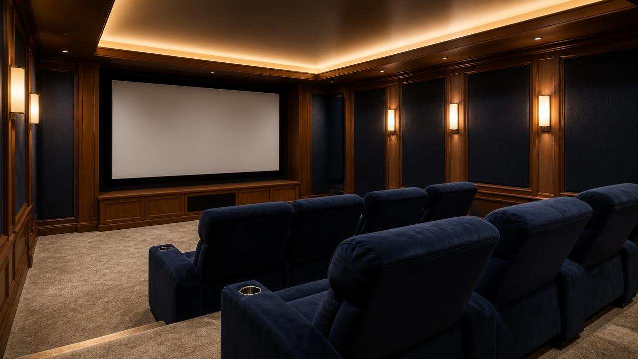 Elegant basement home theater with navy recliners, oak paneling and cove lighting
