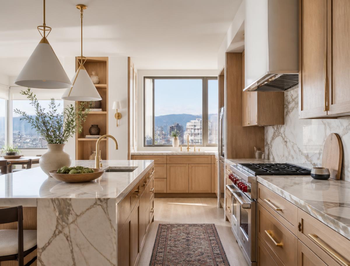 Modern Denver kitchen remodel with white oak cabinets and marble countertops